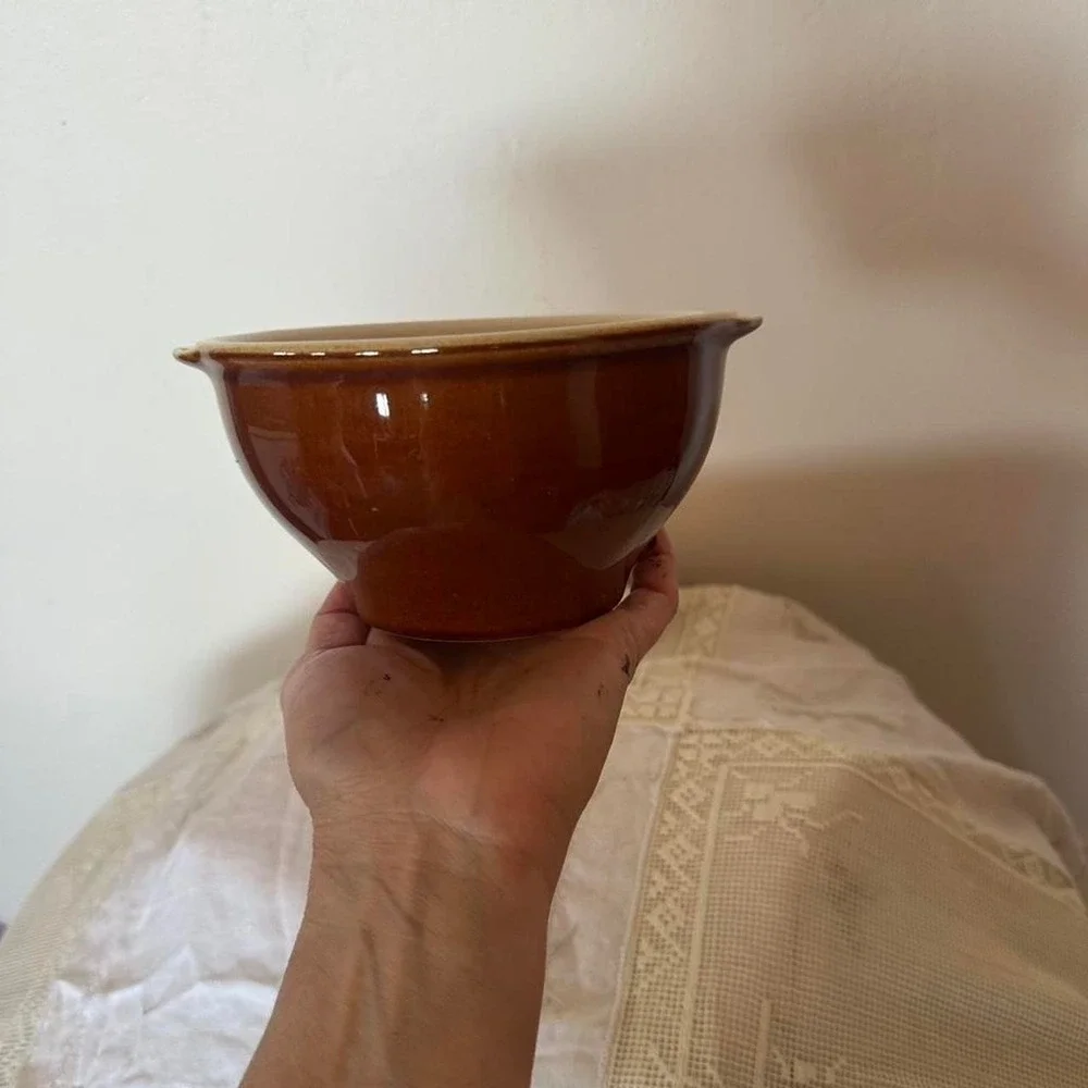 Brown ceramic stoneware from Portugal signed bowl with a glossy finish